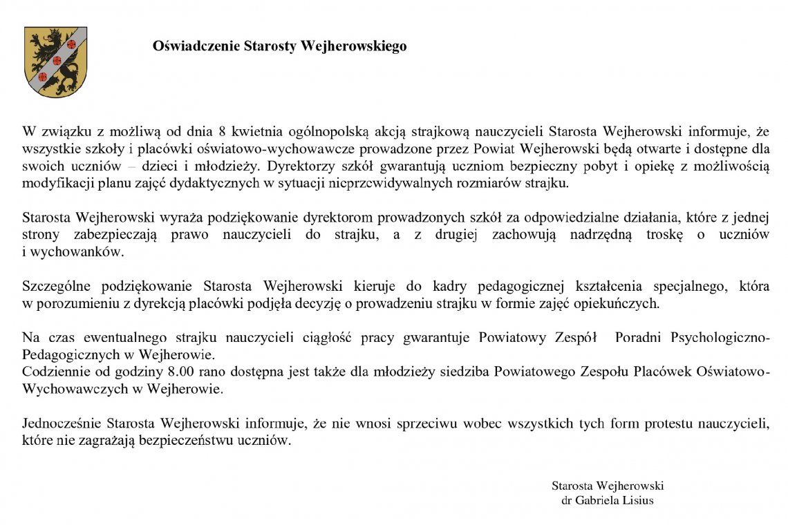 Oświadczenie Starosty Wejherowskiego